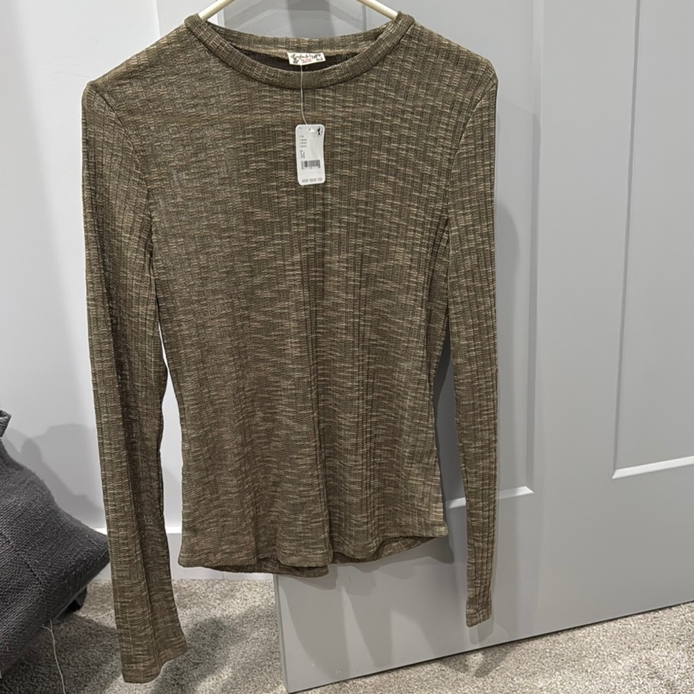 Free People Green Ribbed Long Sleeve Blouse